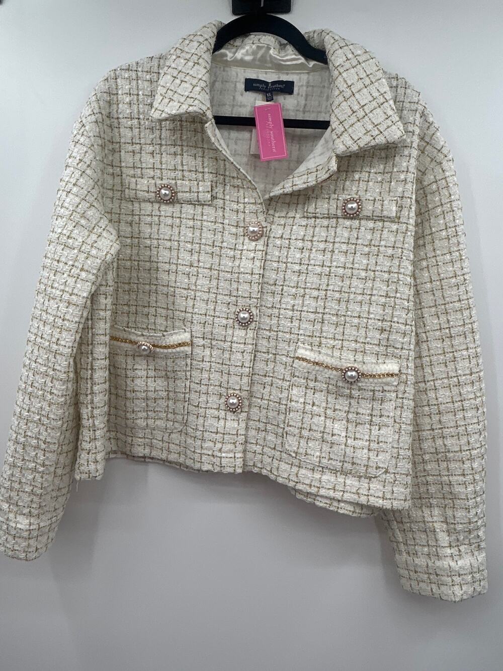 Simply Southern NWT XL Tweed Bouclé Jacket Pearl Button Cropped Blazer Preppy